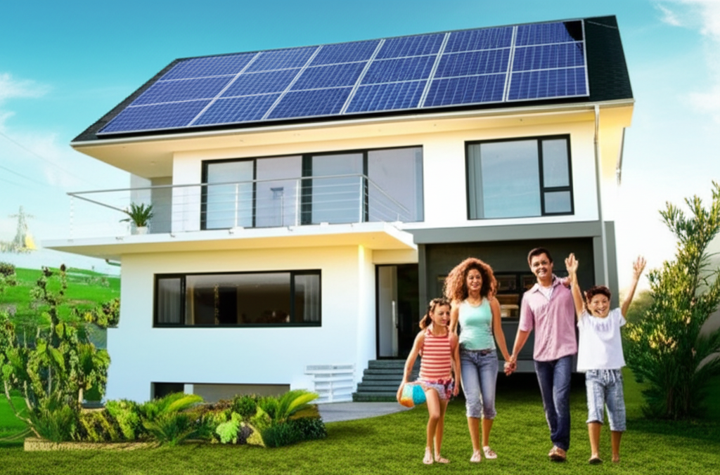 Família feliz com energia solar